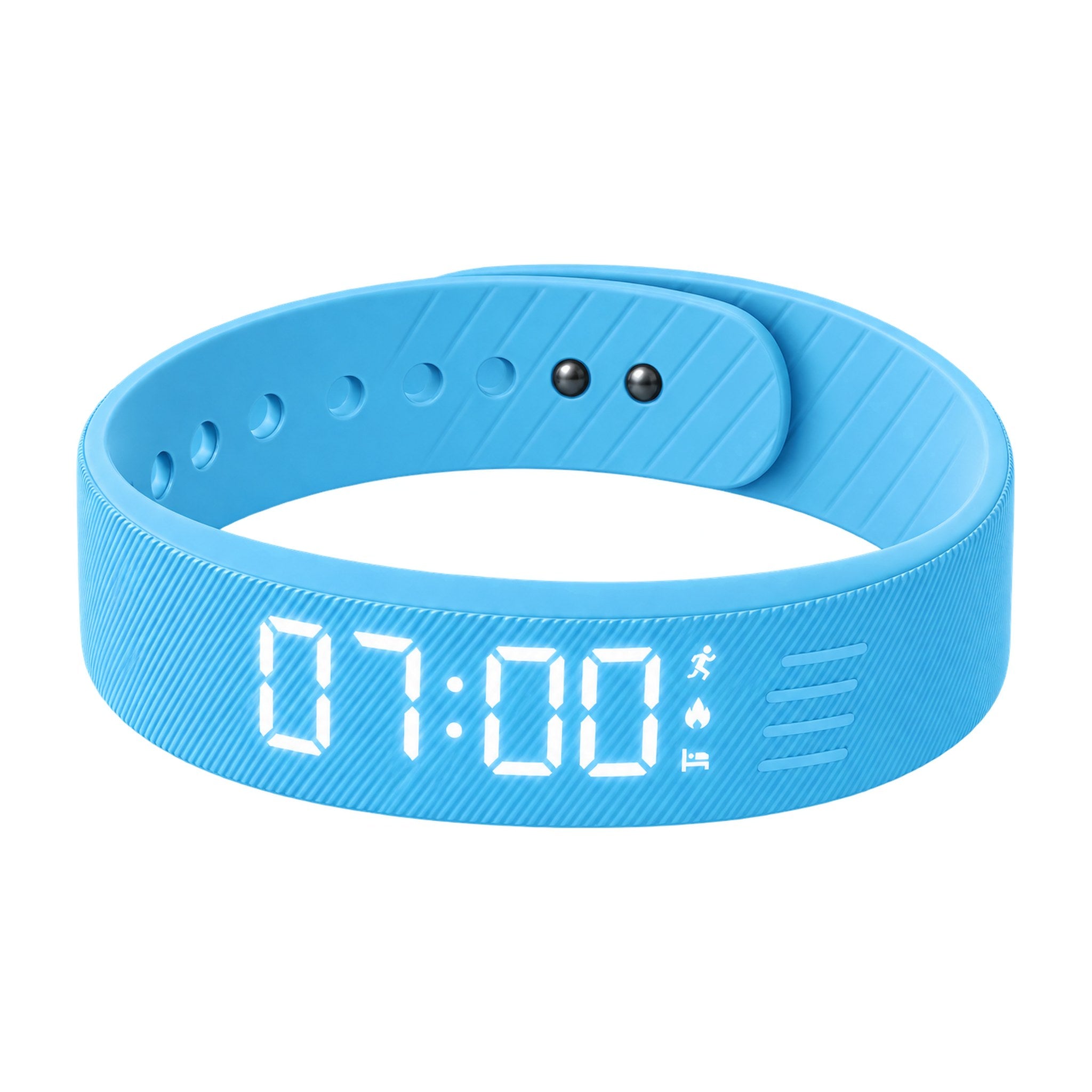 Aubéa Pulse silent vibrating alarm bracelet in blue, LED display showing 07:00