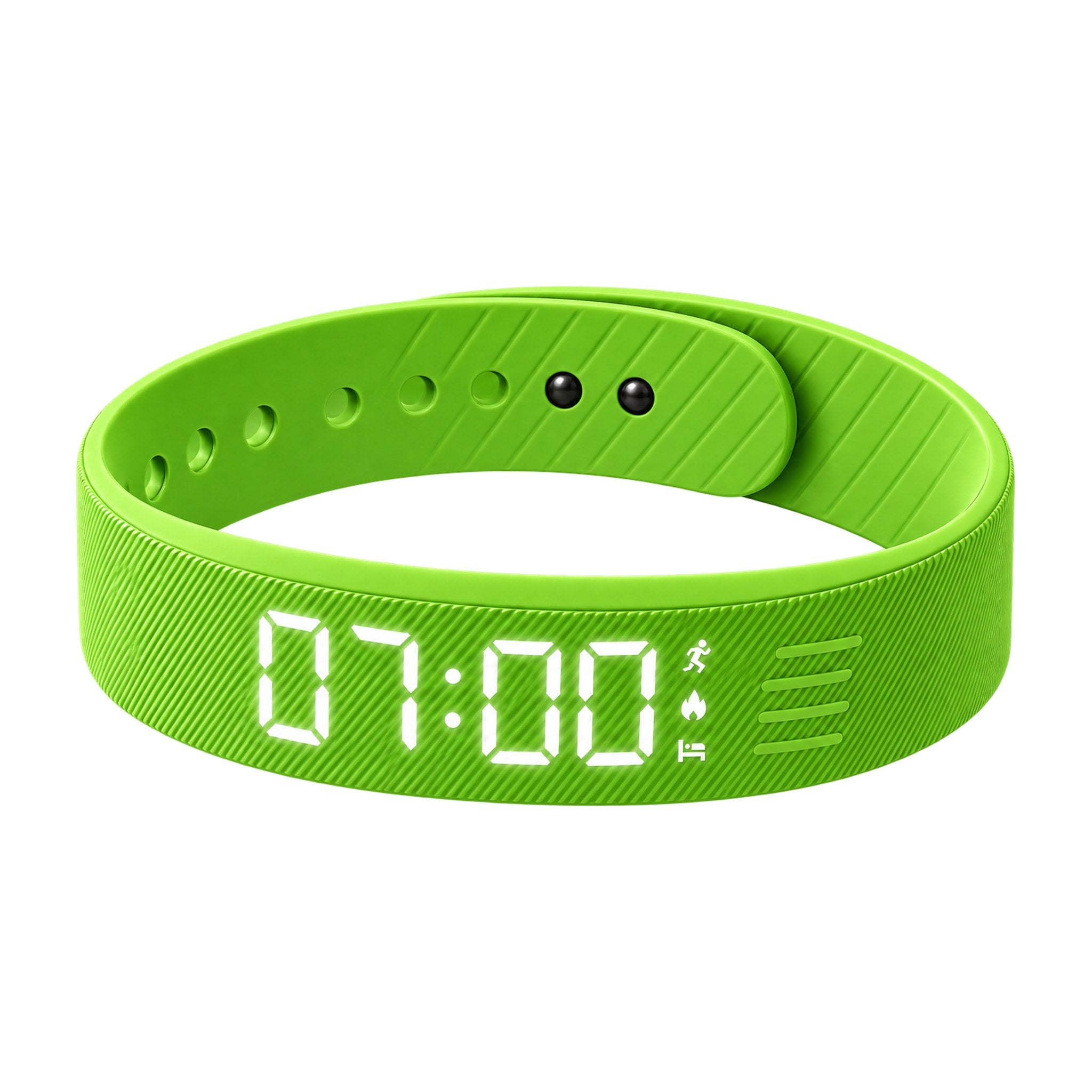 Aubéa Pulse silent vibrating alarm bracelet in green, LED display showing 07:00