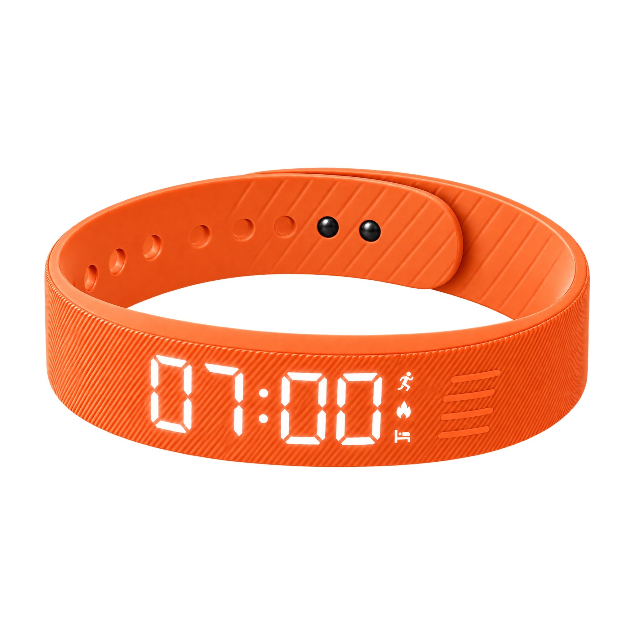 Aubéa Pulse silent vibrating alarm bracelet in orange, LED display showing 07:00