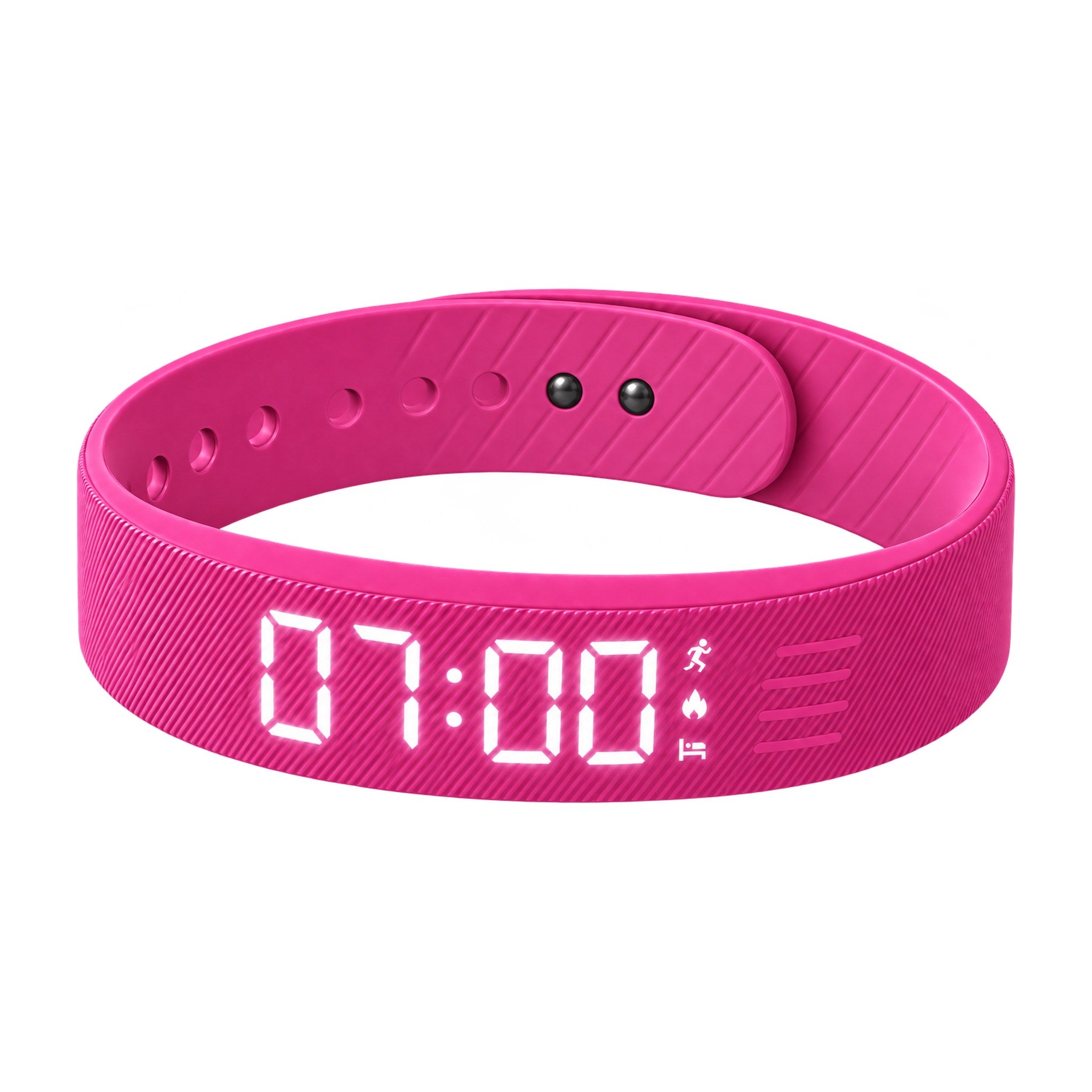 Aubéa Pulse silent vibrating alarm bracelet in pink, LED display showing 07:00