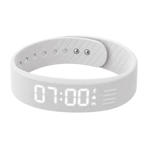Aubéa Pulse silent vibrating alarm bracelet in white, LED display showing 07:00