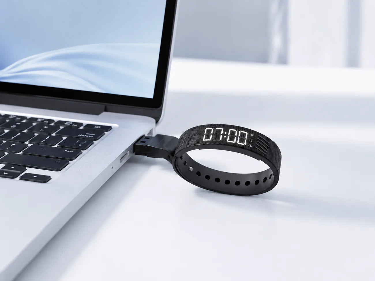 Charges directly from a USB port — no cable to lose